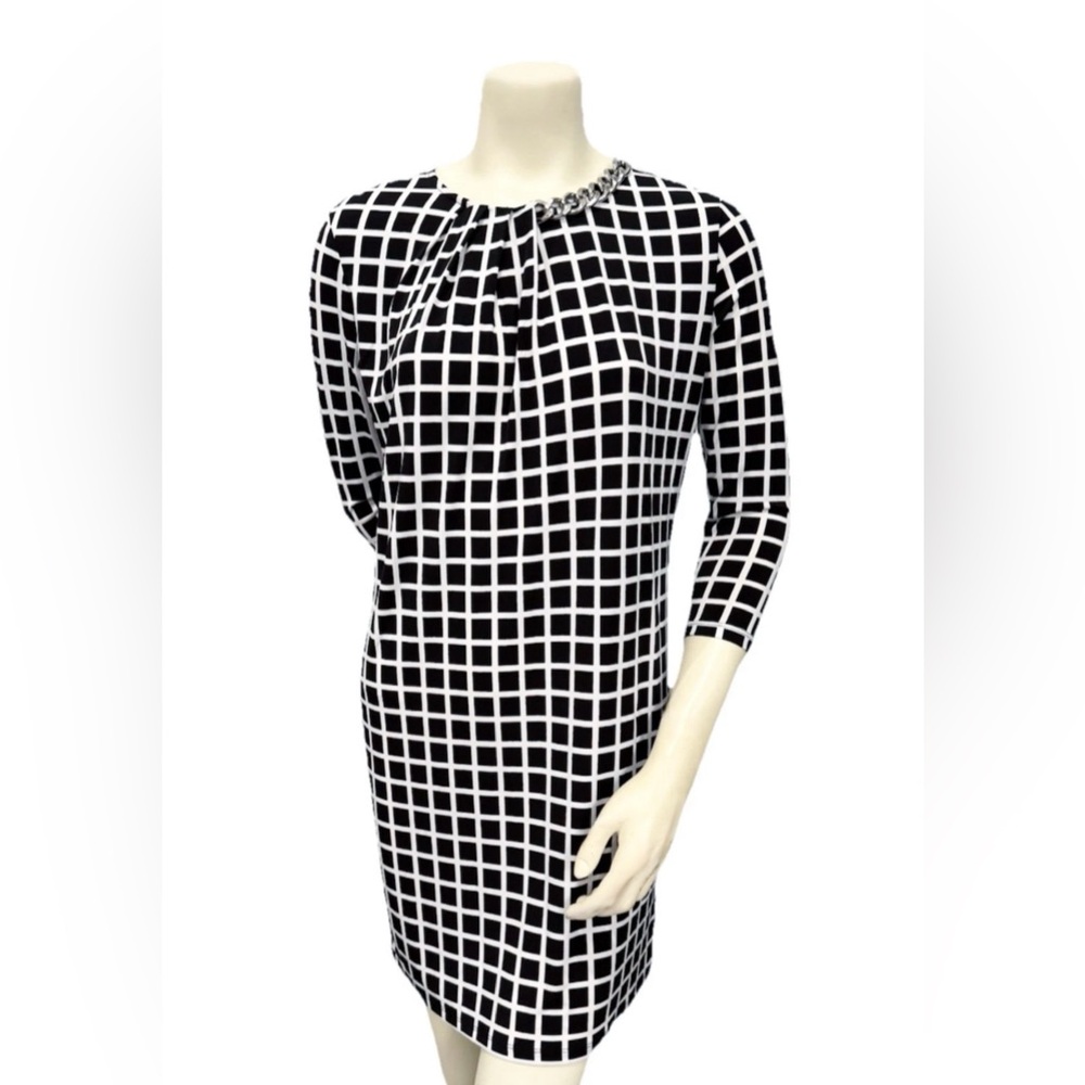 Michael Michael Kors Chain Neck Grid Print Dress Black White Small